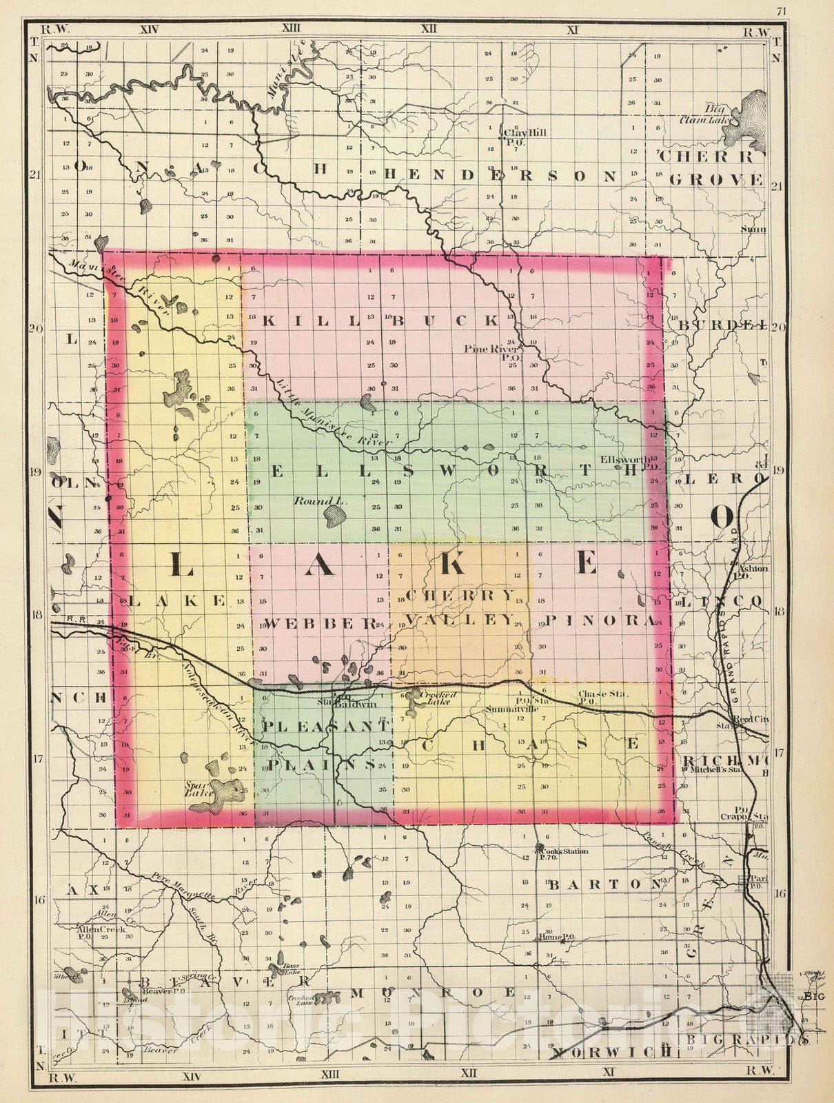 Historic Map : 1873 (Map of Lake County, Michigan) - Vintage Wall Art