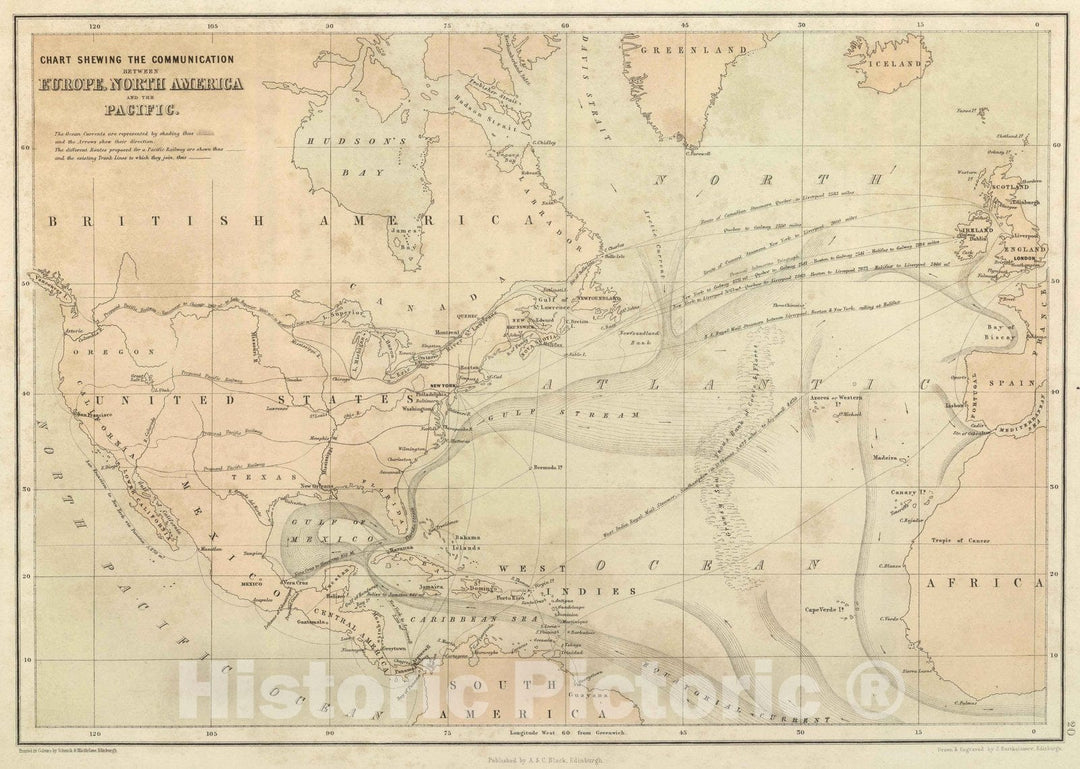 Historic Map : National Atlas - 1856 Chart Shewing (sic) the Communication between Europe, North America, and the Pacific. - Vintage Wall Art