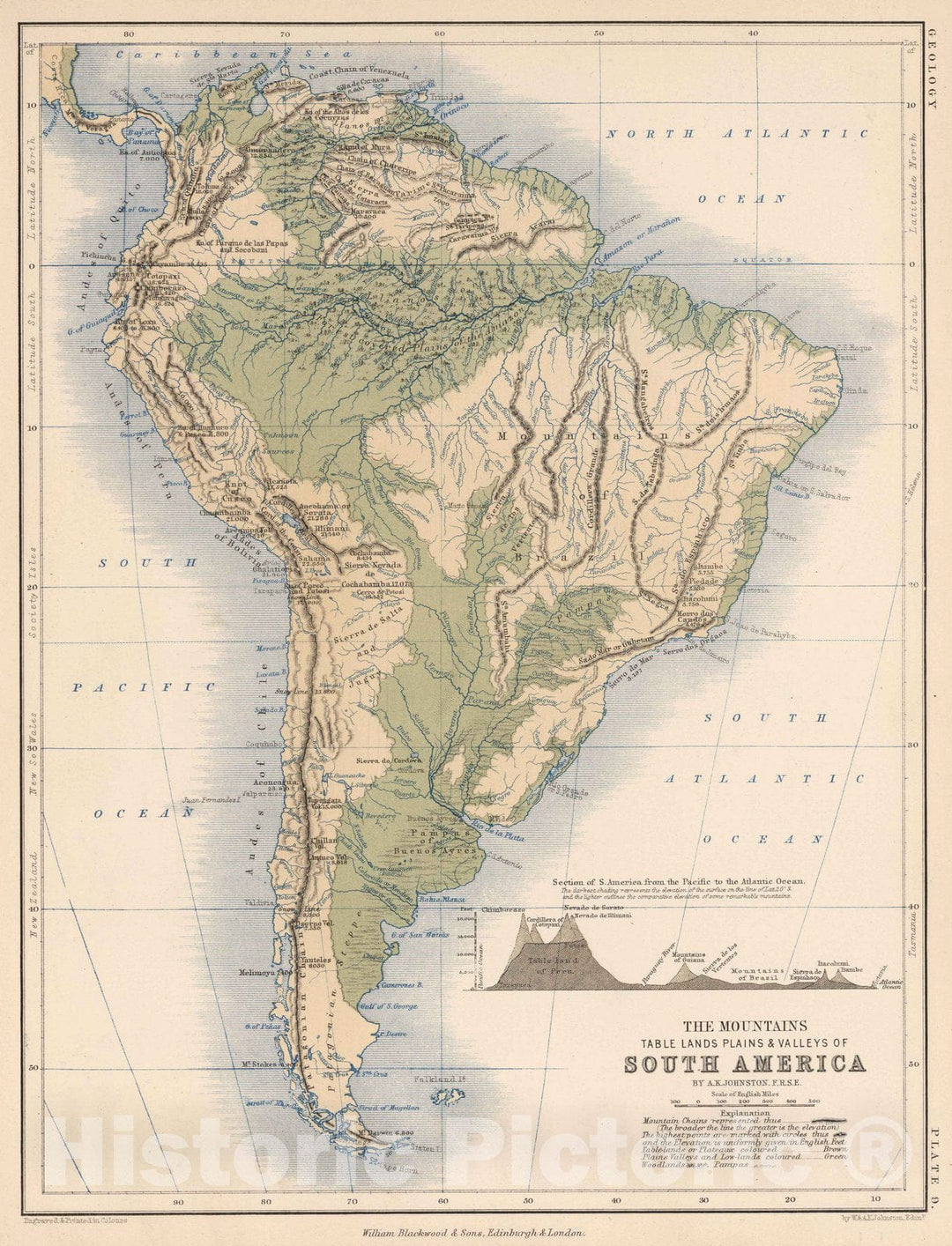 Historic Map : 1852 Mountains, Table Lands, Plains & Valleys of South America - Vintage Wall Art