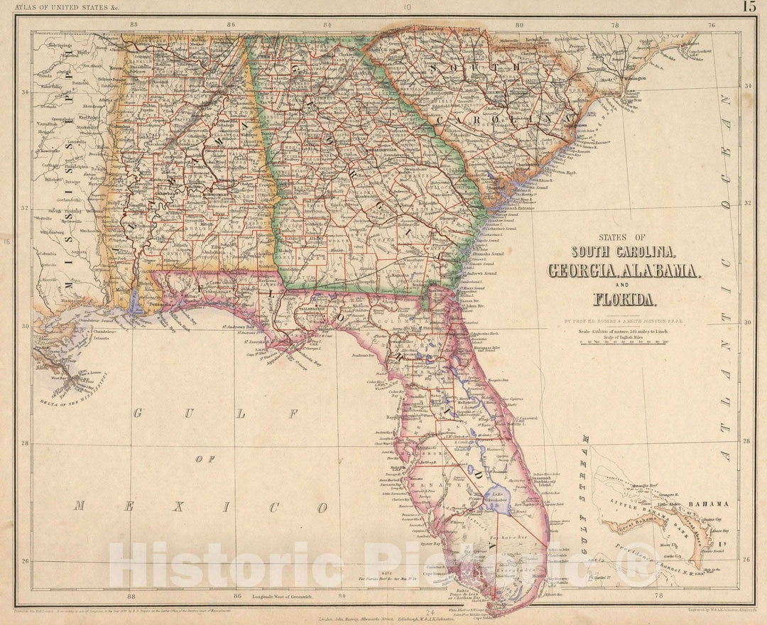 Historic Map : National Atlas - 1857 States Of South Carolina, Georgia, Alabama, And Florida. - Vintage Wall Art