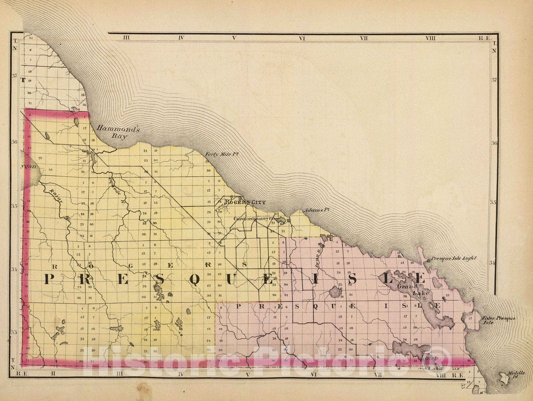 Historic Wall Map : 1873 (Map of Presque Isle County, Michigan) - Vintage Wall Art