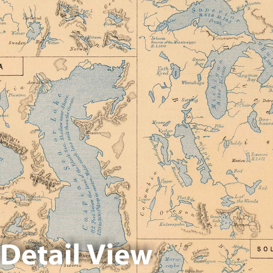 Historic Map : 1852 Comparative Form and Extent of the Inland Seas and Lakes of the Globe - Vintage Wall Art