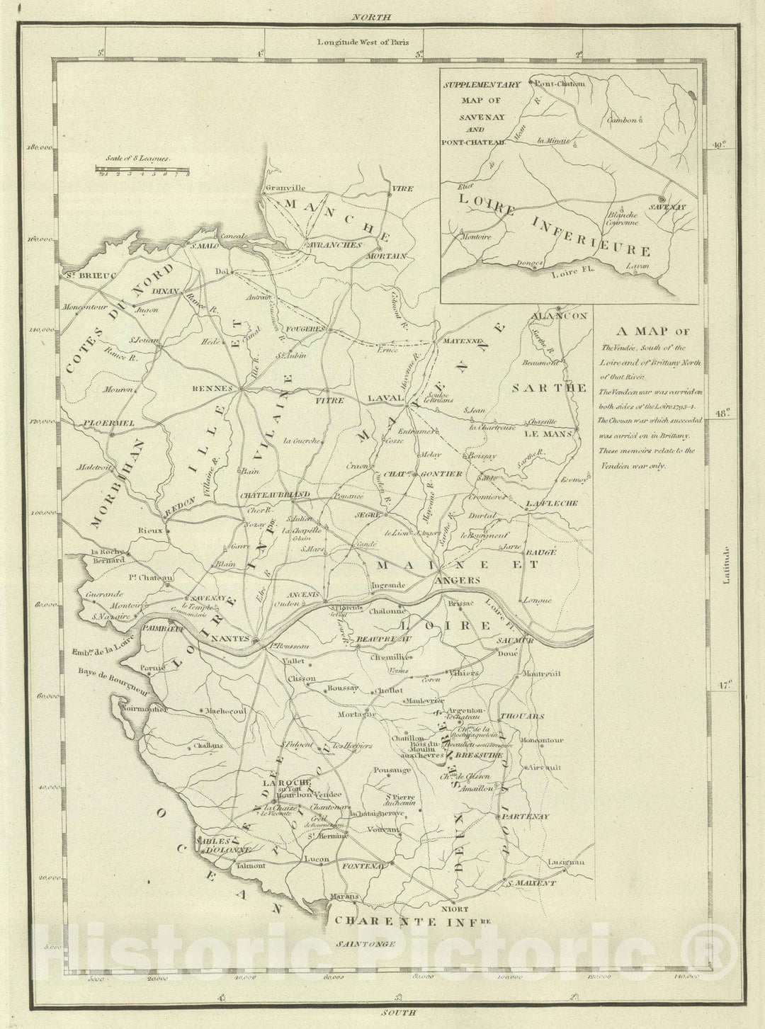 Historic Map : 1824 Historic Wall Map of the Vendee, South of the Loire and North of Brittany North of that River. - Vintage Wall Art