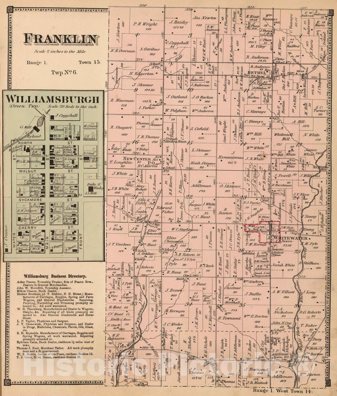 Historic Map : 1874 Franklin Township, Wayne County, Indiana. Williamsburgh. - Vintage Wall Art