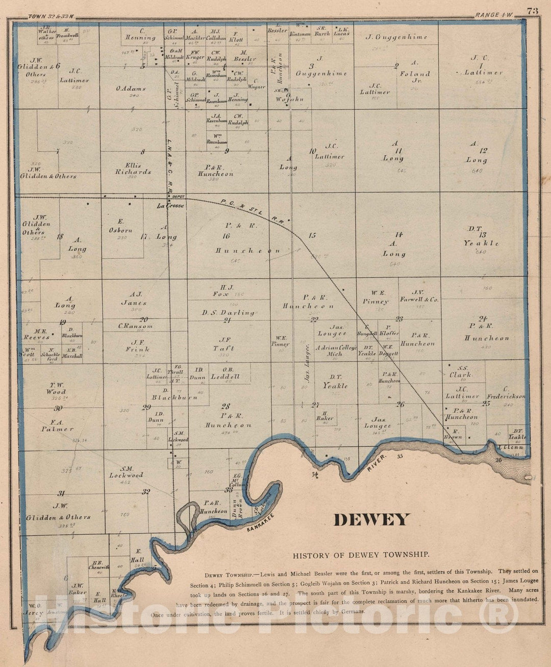 Historic Wall Map : 1874 Dewey Township, Laporte County, Indiana. - Vintage Wall Art