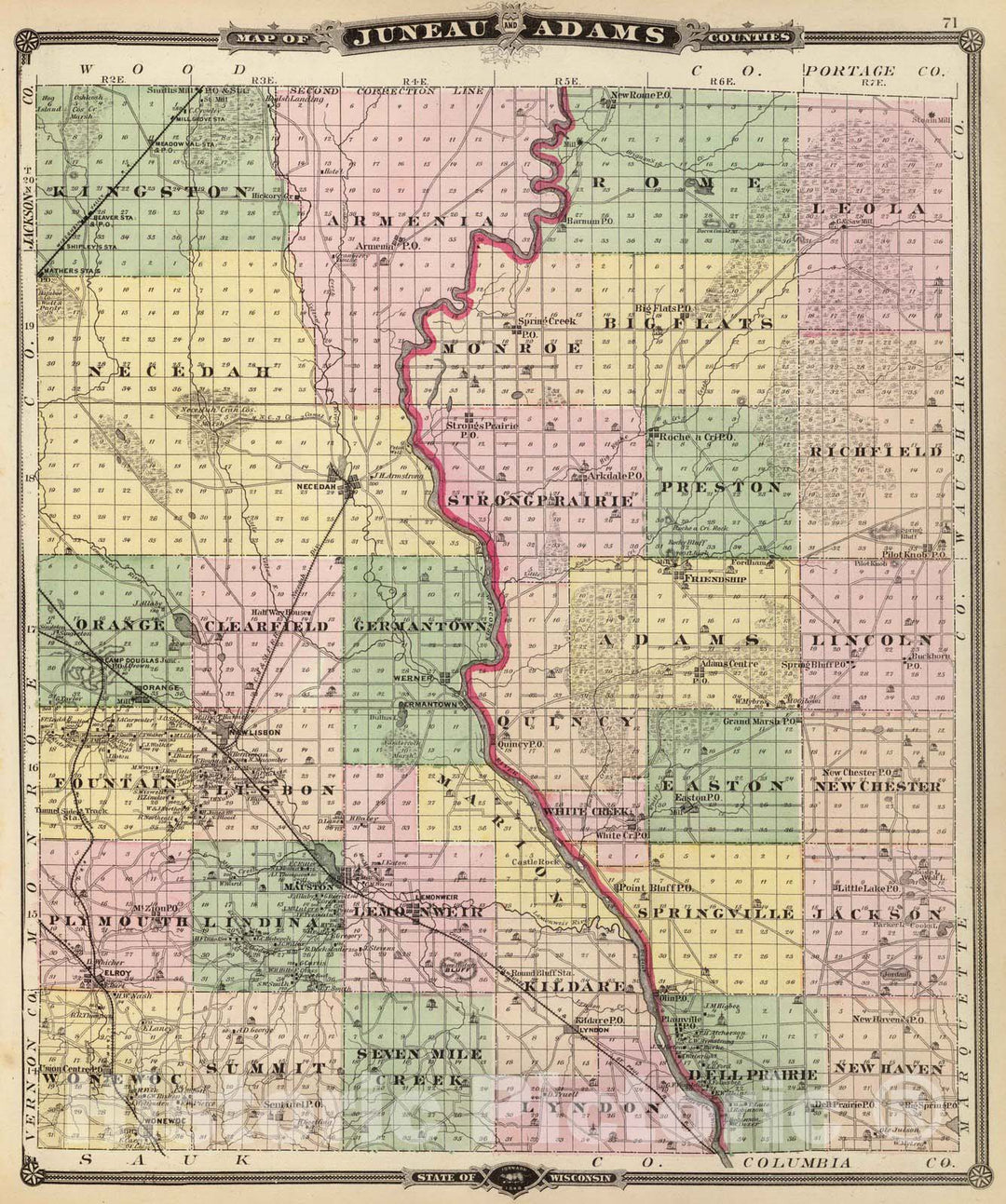 Historic Map : 1878 Map of Juneau and Adams counties, State of Wisconsin. - Vintage Wall Art