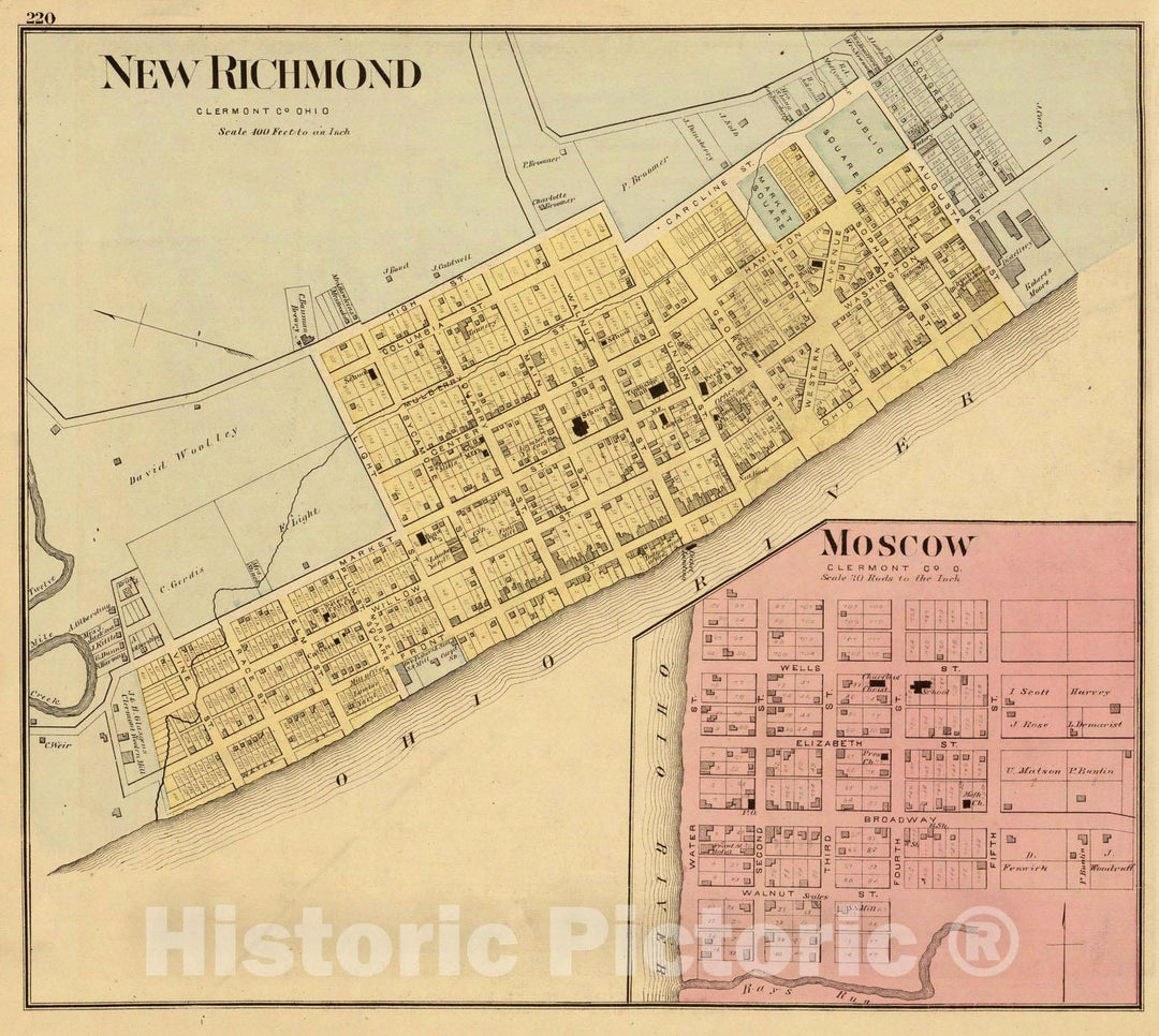 Historic Map : 1877 New Richmond, Clermont co, Ohio. (with) Moscow, Clermont Co, O. - Vintage Wall Art