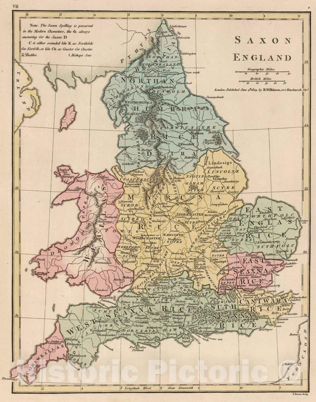 Historic Wall Map : 1819 Saxon England. - Vintage Wall Art