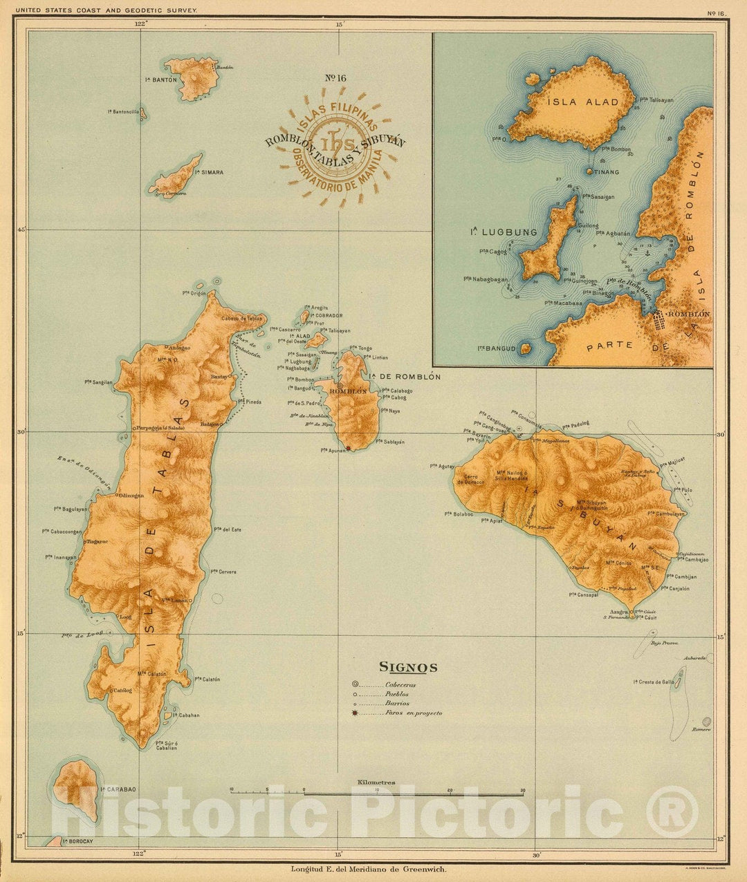 Historic Map : Philippines, 1899 No. 16. Romblon, Tablas y Sibuyan. , Vintage Wall Art