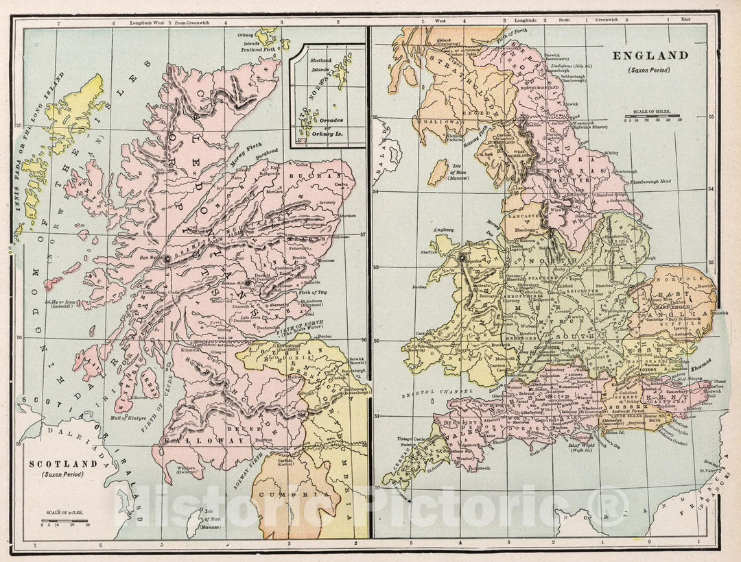 Historic Map : 1901 Scotland; England : Saxson period - Vintage Wall Art