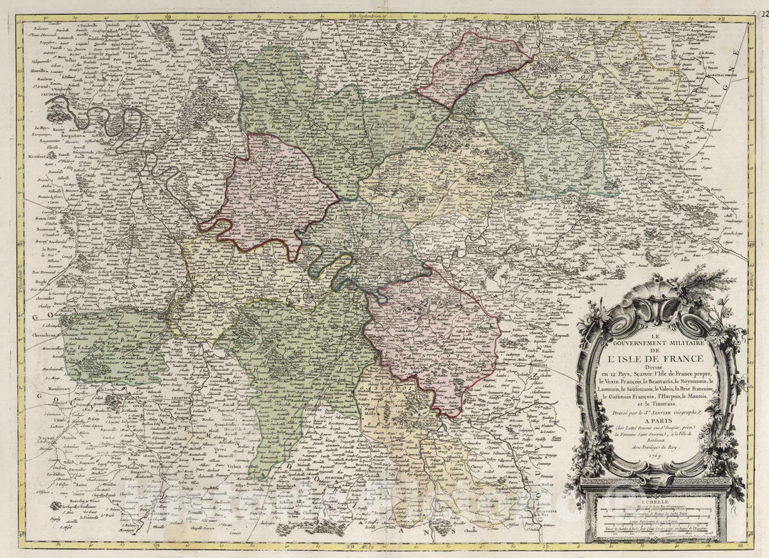 Historic Map : France, , Europe 1769 Le Gouvernement militaire de l?Isle de France , Vintage Wall Art