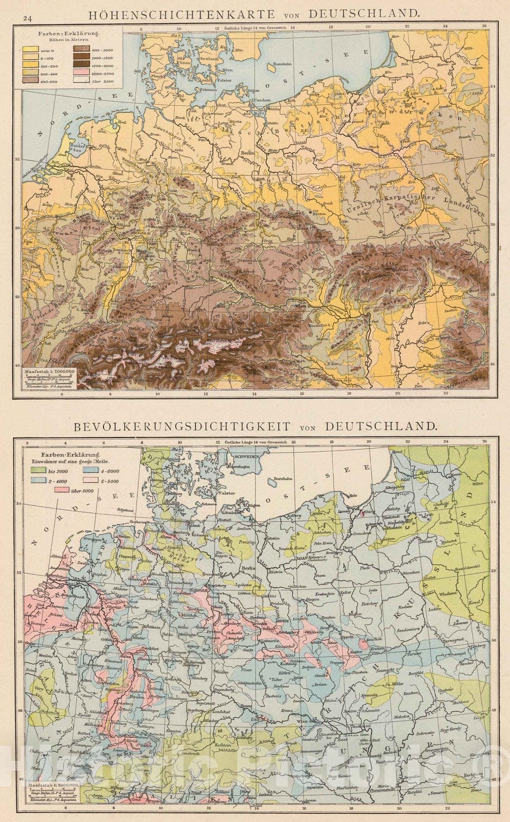 Historic Map : Germany; Poland, Europe, Central 1881 Hohenschichtenkarte, Bevolkerungsdichtigkeit. , Vintage Wall Art