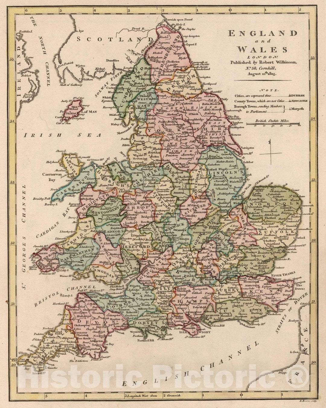 Historic Map : 1805 England and Wales : Vintage Wall Art