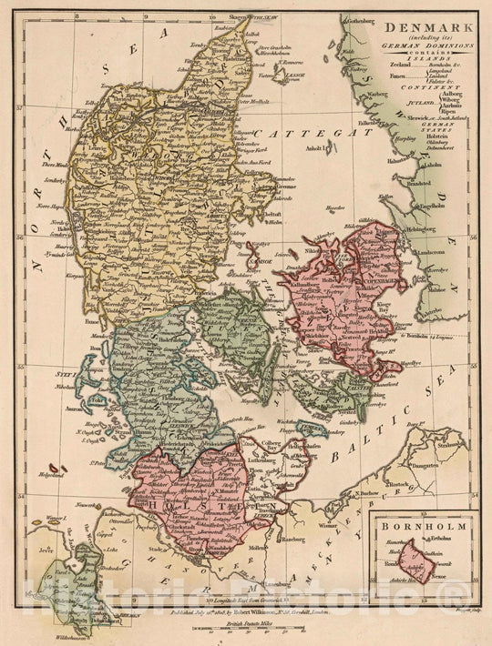 Historic Map : 1808 Denmark including its German Dominions (inset) Bornholm. - Vintage Wall Art