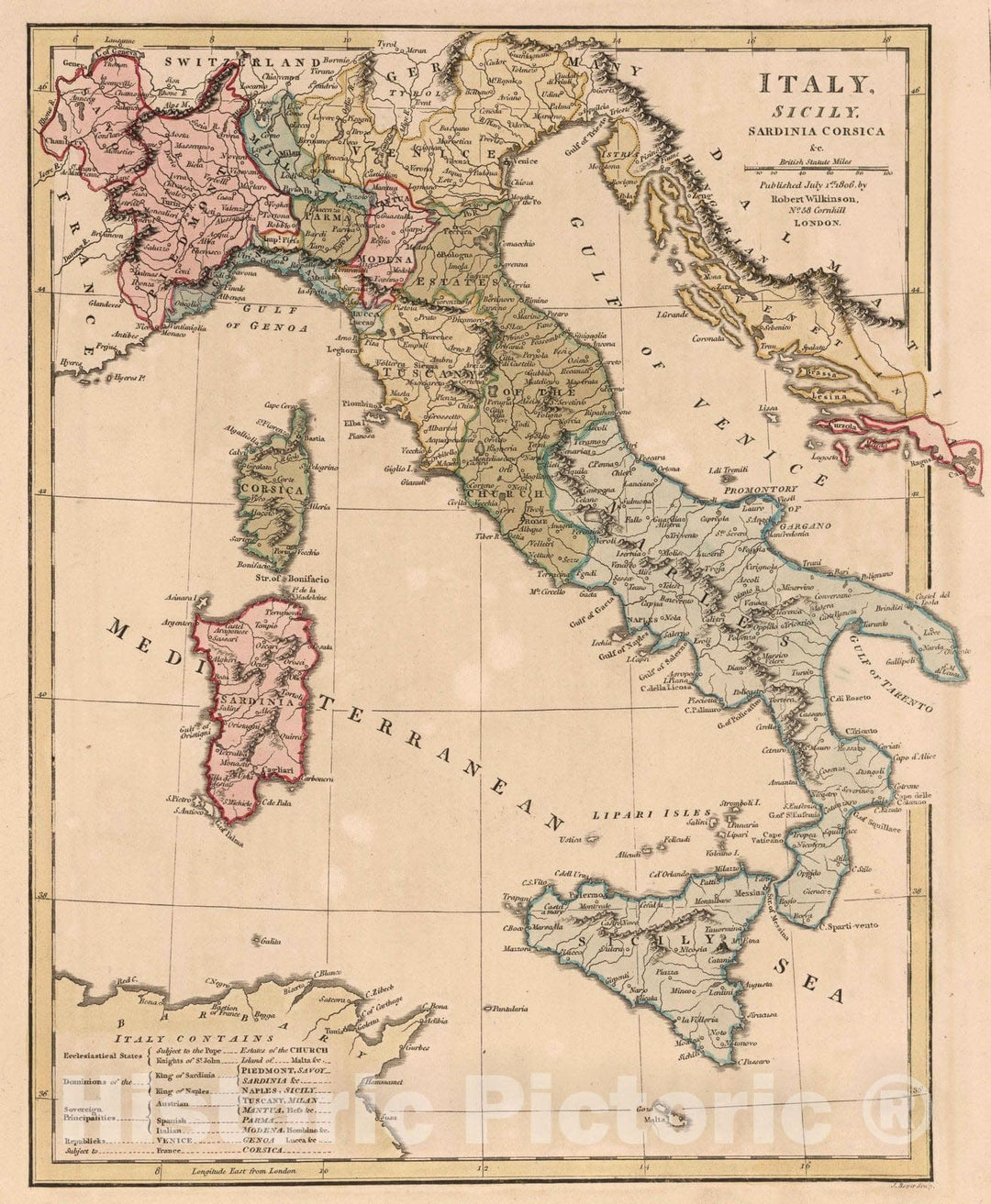 Historic Map : 1806 Italy, Sicily, Sardinia, Corsica v1 - Vintage Wall Art