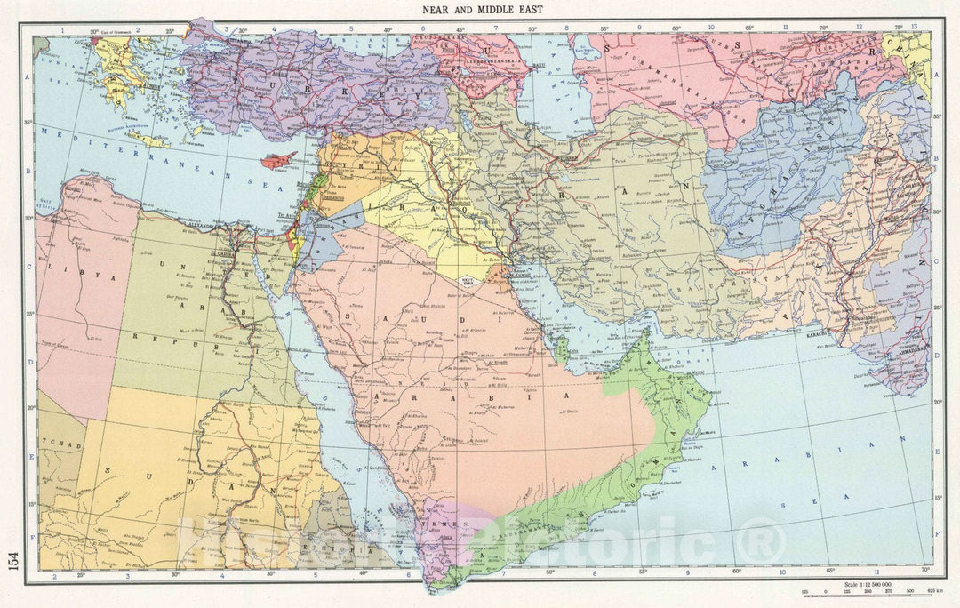 Historic Map : 1967 154. Near and Middle East, Political. The World Atlas. - Vintage Wall Art