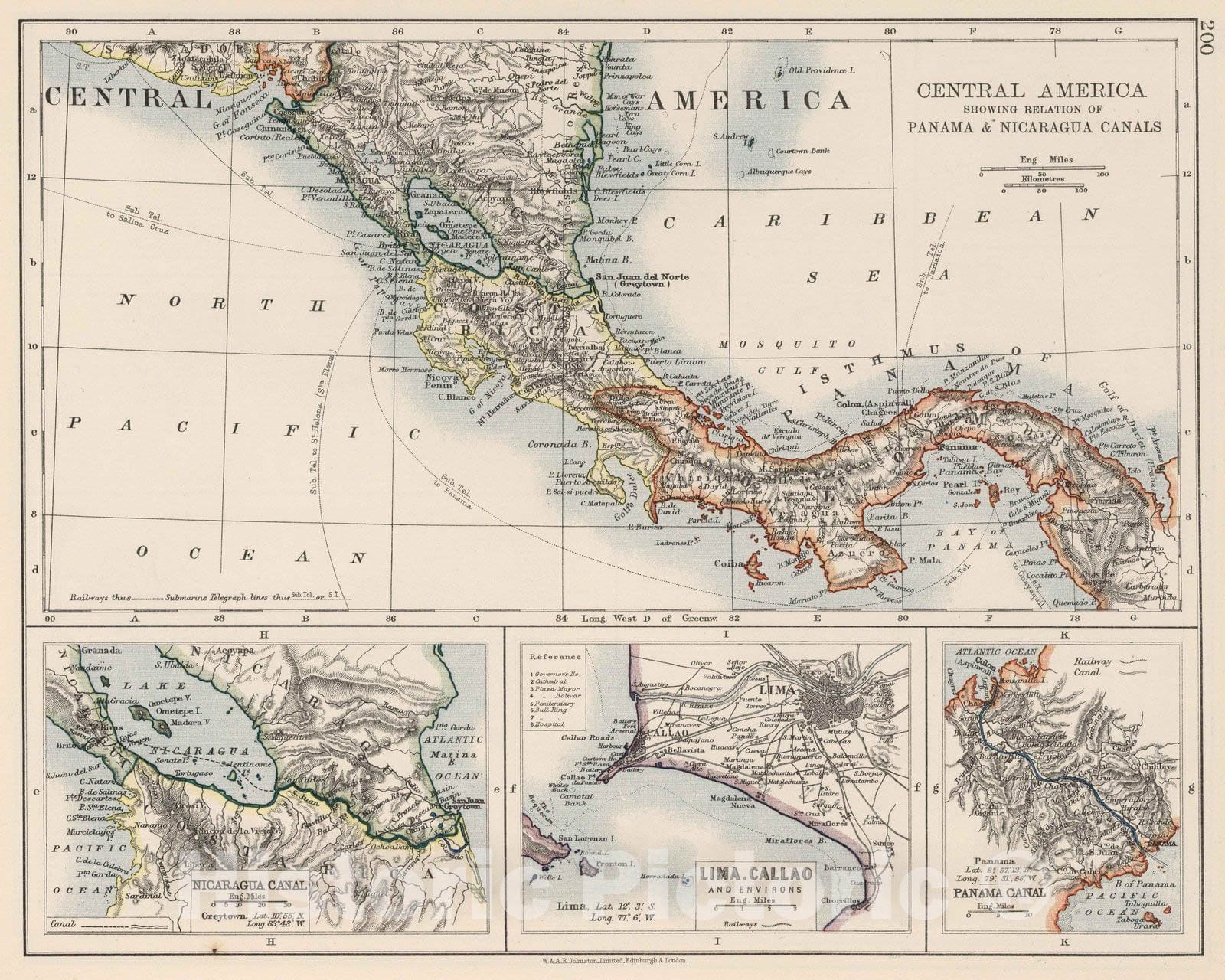 Historic Map : 1906 Central America Showing Relation of Panama & Nicaragua Canals. Lima, Callao. - Vintage Wall Art