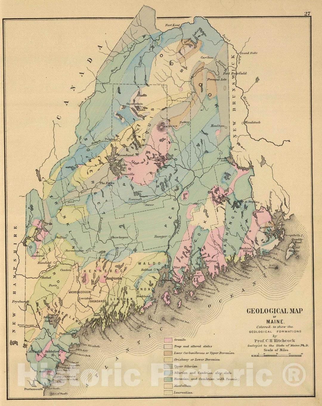 Historic Map : 1885 Geological map of Maine. - Vintage Wall Art