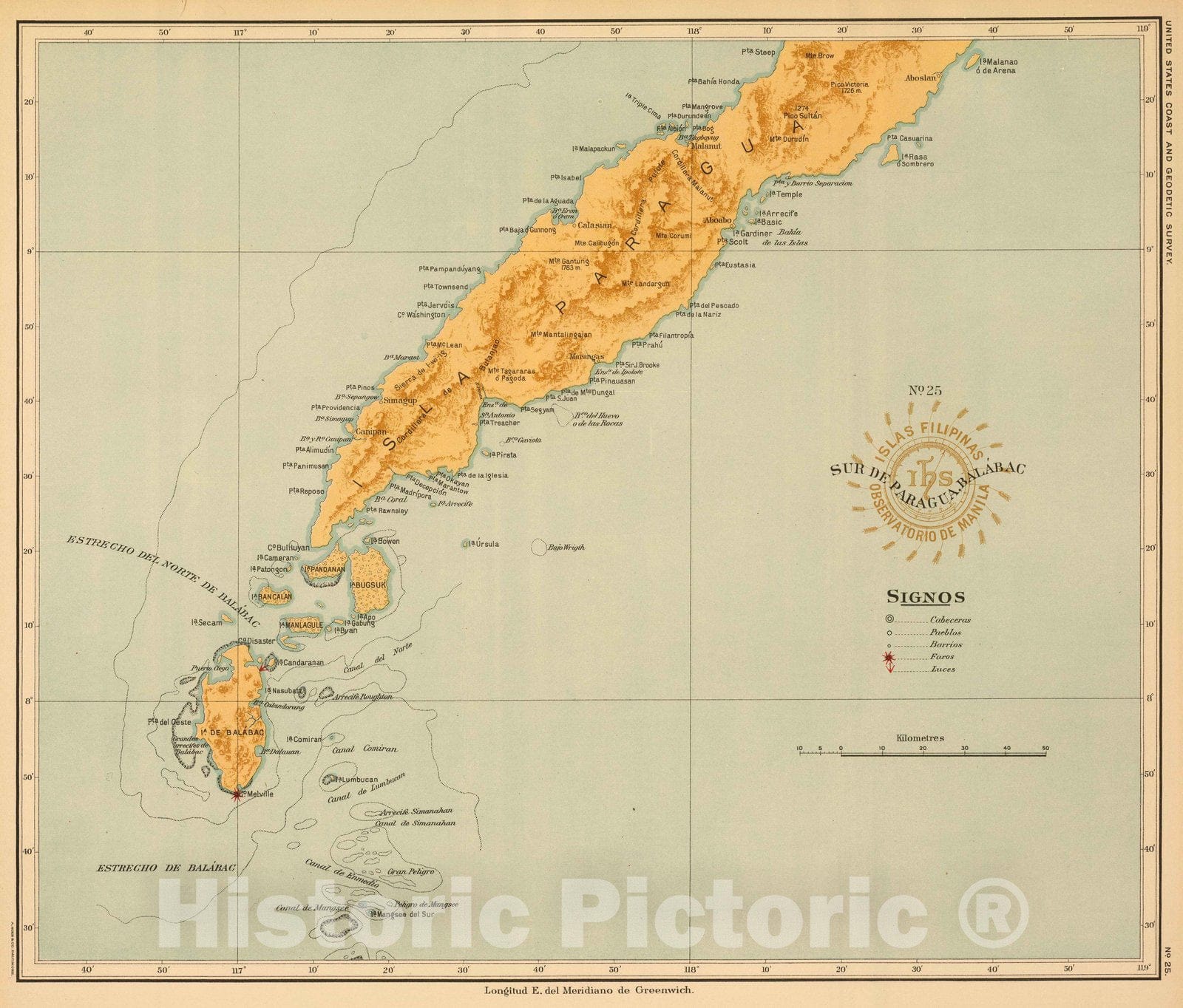 Historic Map : Philippines, 1899 No. 25. Sur de Paragua, Balabac. , Vintage Wall Art