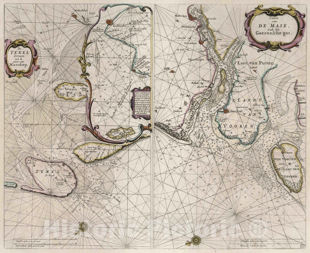 Historic Map : Netherlands, North Sea 1667 De Texel Stroom met de gaten vant Marsdiep. Carte Van De Mase Ende het Goereesche gar. , Vintage Wall Art