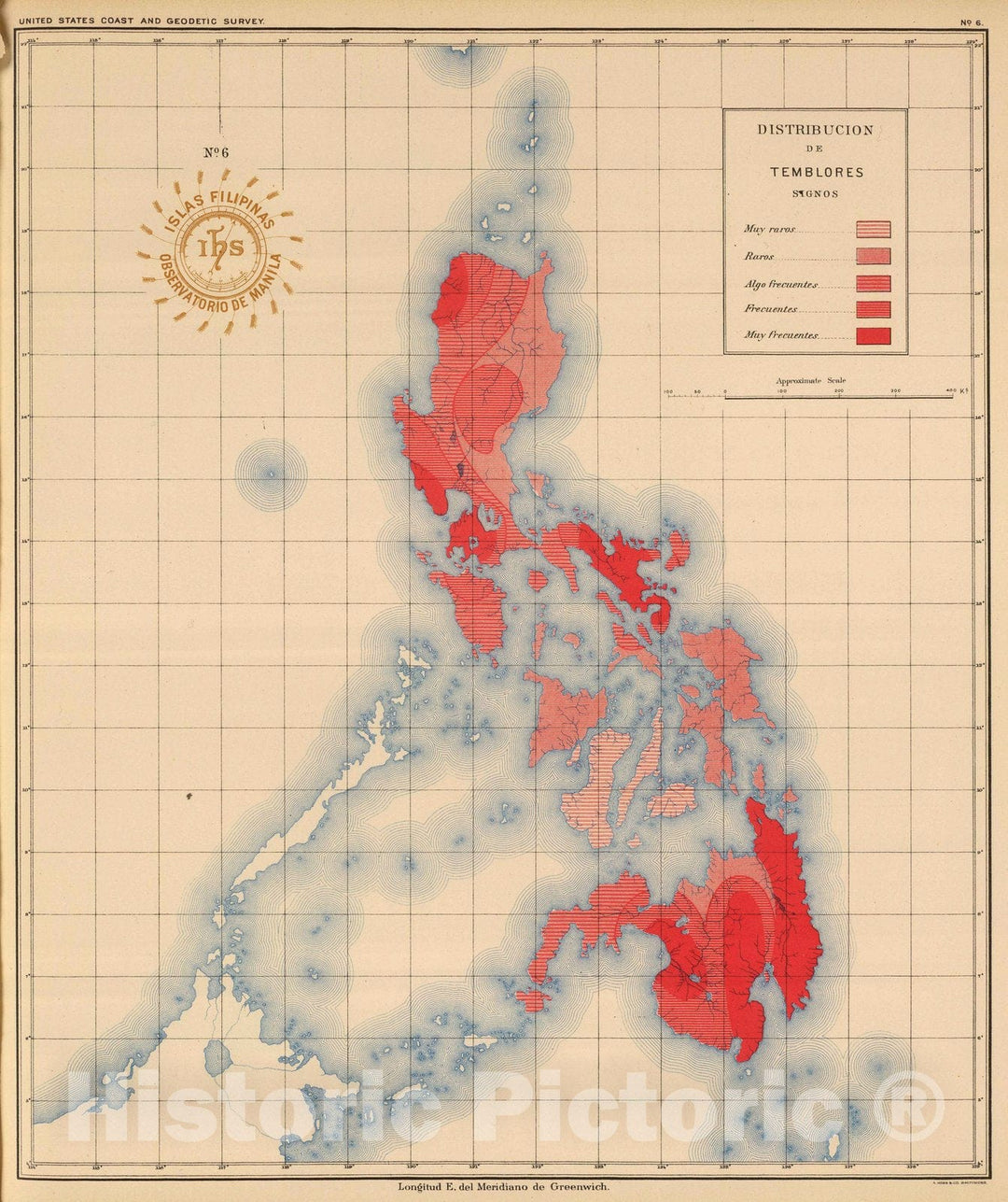 Historic Map : Philippines, 1899 No. 6. Distibucion de Temlores Signos. , Vintage Wall Art