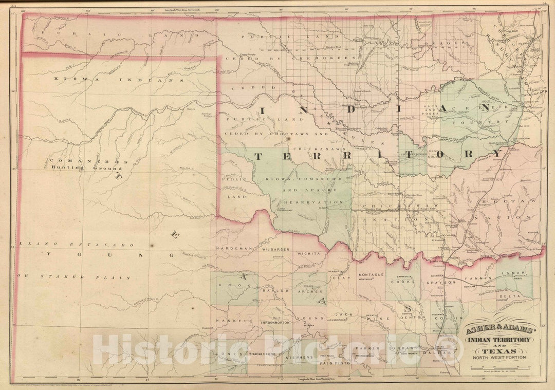 Historic Map : Commercial Reference Book - 1875 Indian Territory and Texas, North West Portion. - Vintage Wall Art