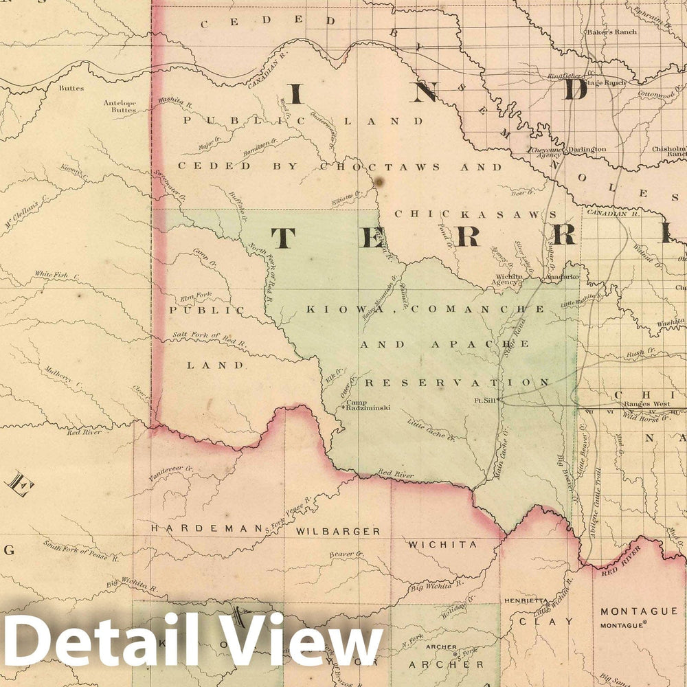 Historic Map : Commercial Reference Book - 1875 Indian Territory and Texas, North West Portion. - Vintage Wall Art