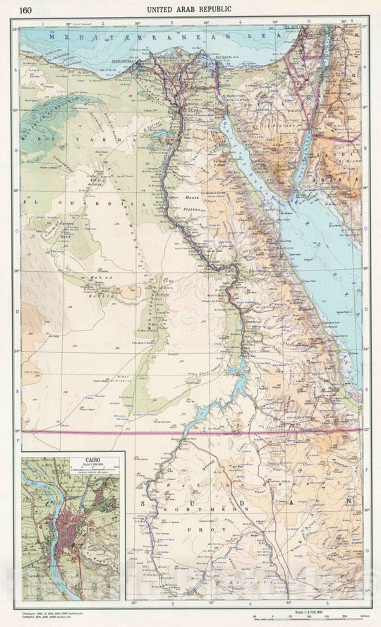 Historic Map : 1967 160. United Arab Republic. (Egypt). Cairo. The World Atlas. - Vintage Wall Art