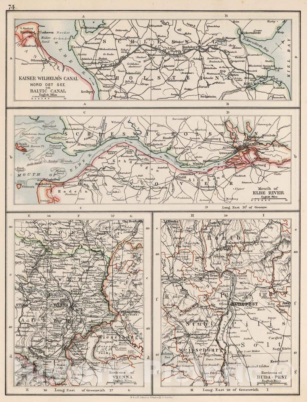 Historic Map : 1906 Kaiser Wilhelm's Canal. Mouth of the Elbe River. Environs of Vienna and of Budapest. - Vintage Wall Art