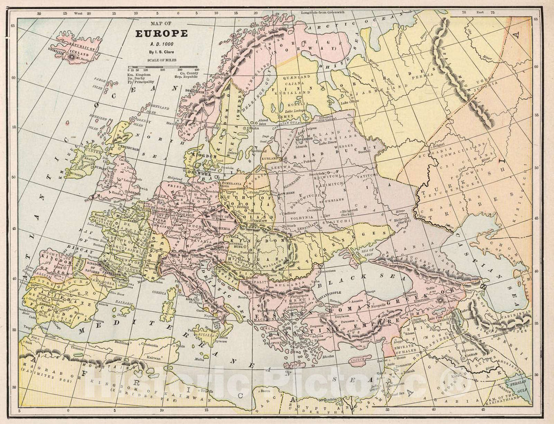 Historic Map : 1901 Map of Europe A.D. 1000 - Vintage Wall Art