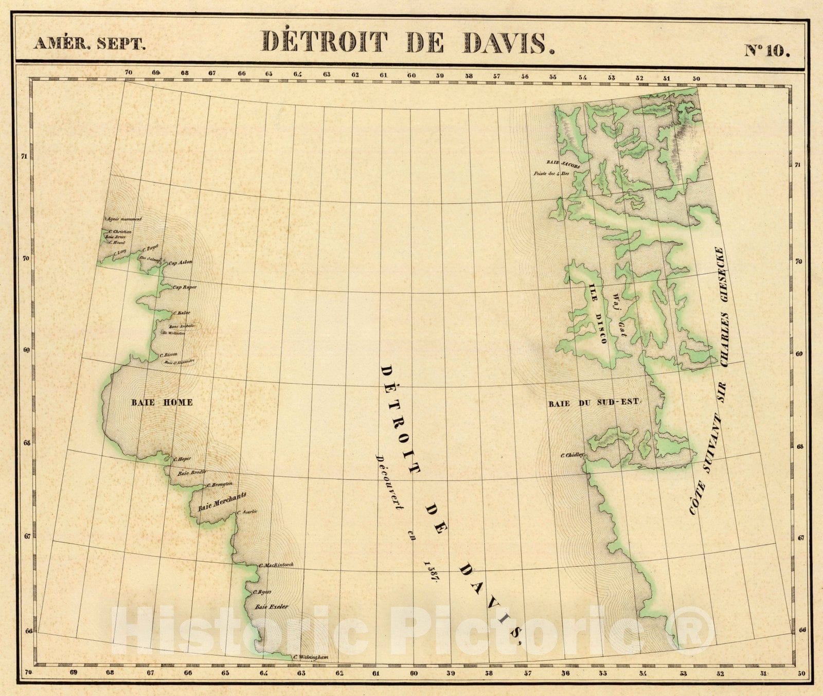 Historic Map : Greenland, Nunavut, Davis Strait Region 1827 Detroit de Davis. Amer. Sep. 10. , Vintage Wall Art