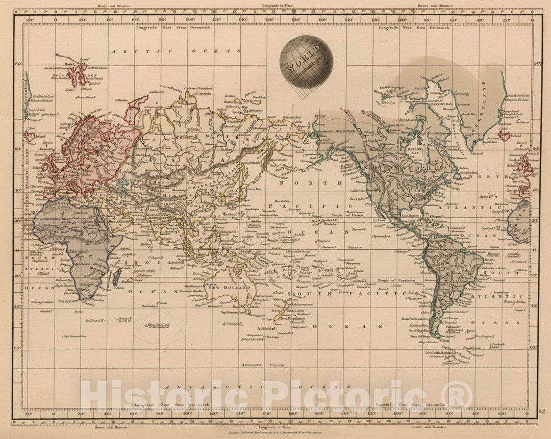 Historic Map : 1825 World on Mercator Projection - Vintage Wall Art