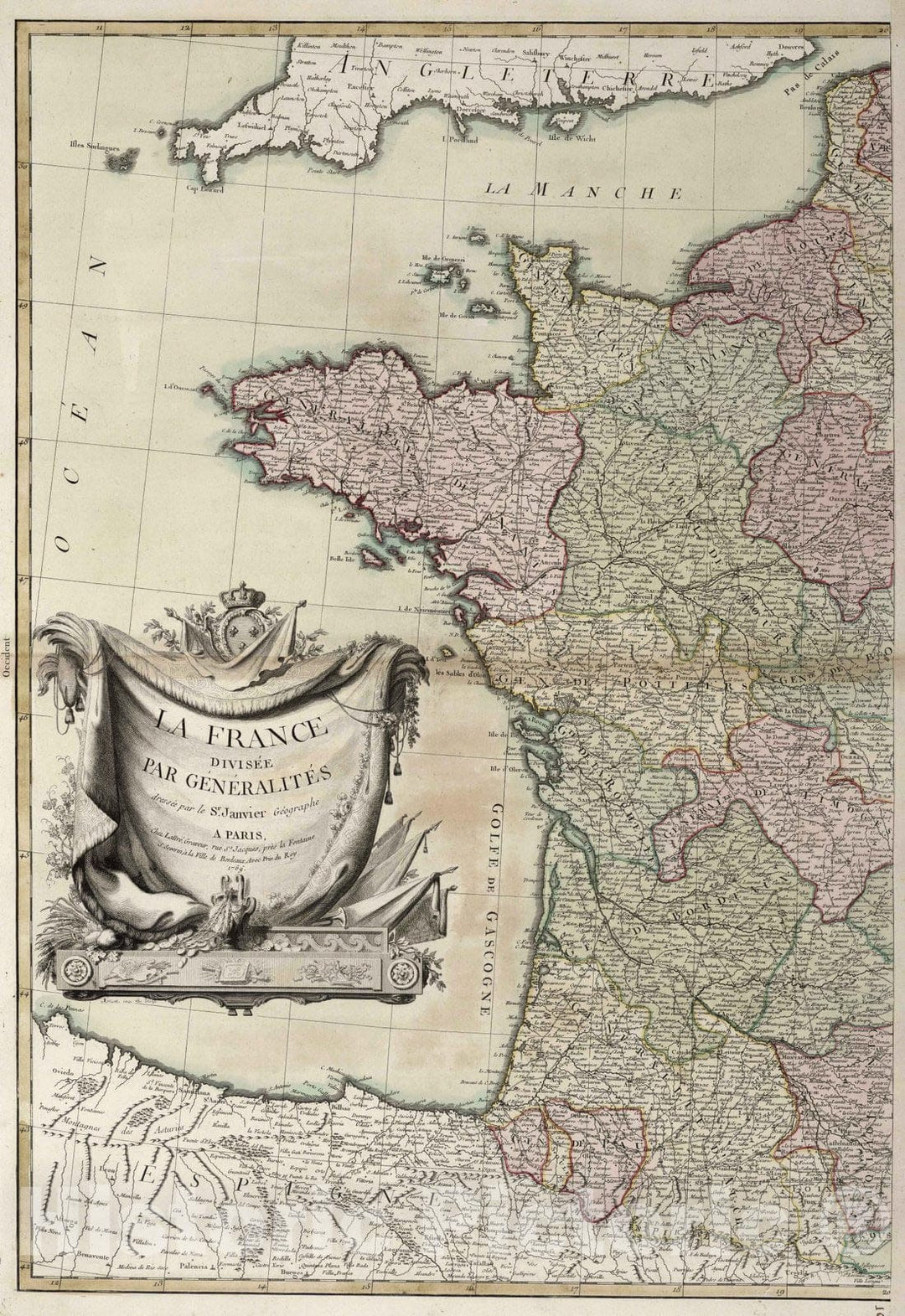 Historic Map : France, , Europe 1769 La France : divisee Par Generalites , Vintage Wall Art