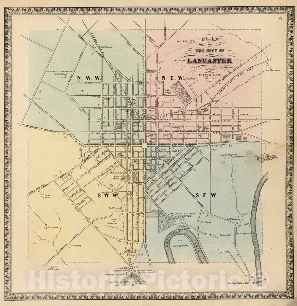 Historic Map - 1864 City of Lancaster, Pennsylvania. - Vintage Wall Art