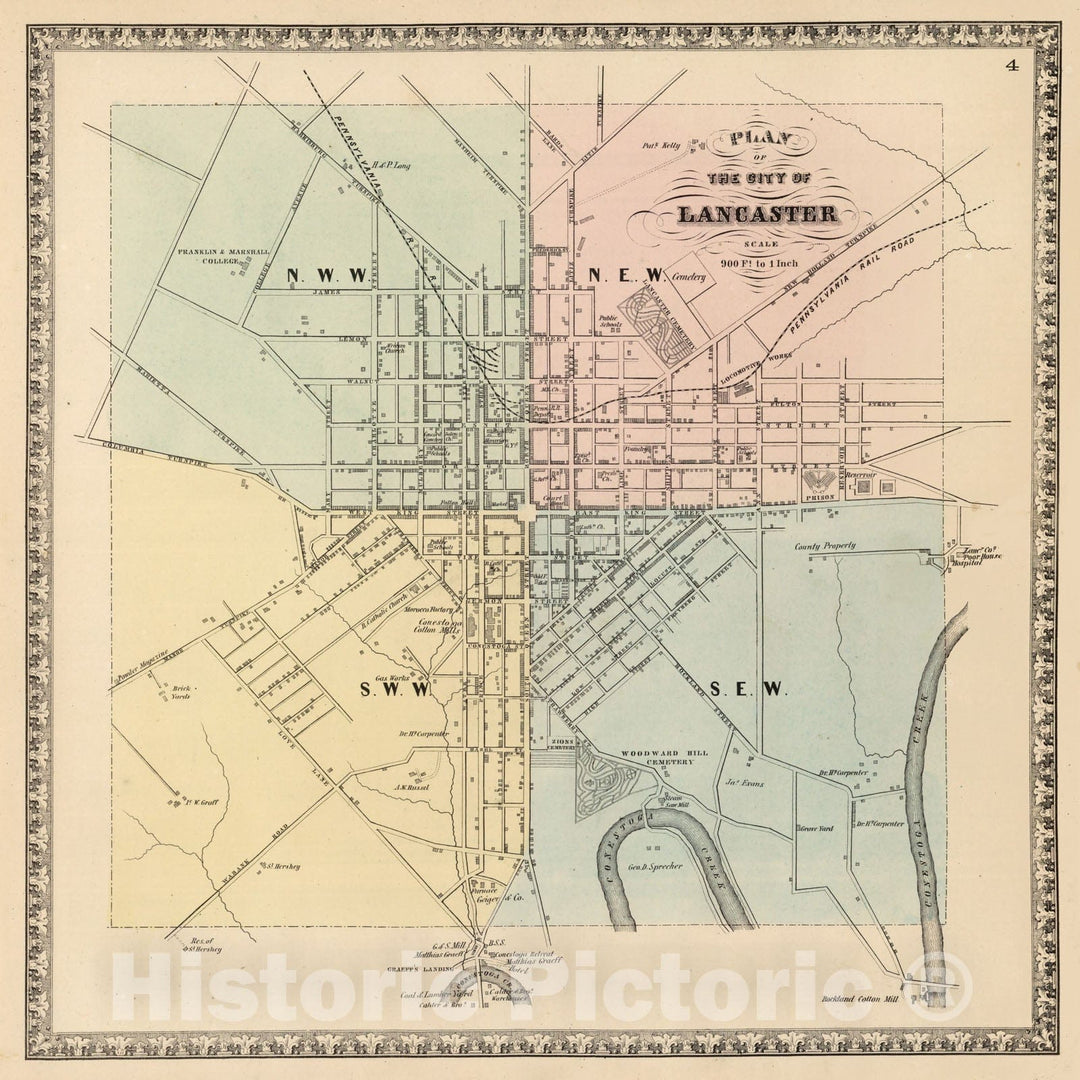 Historic Map - 1864 City of Lancaster, Pennsylvania. - Vintage Wall Art