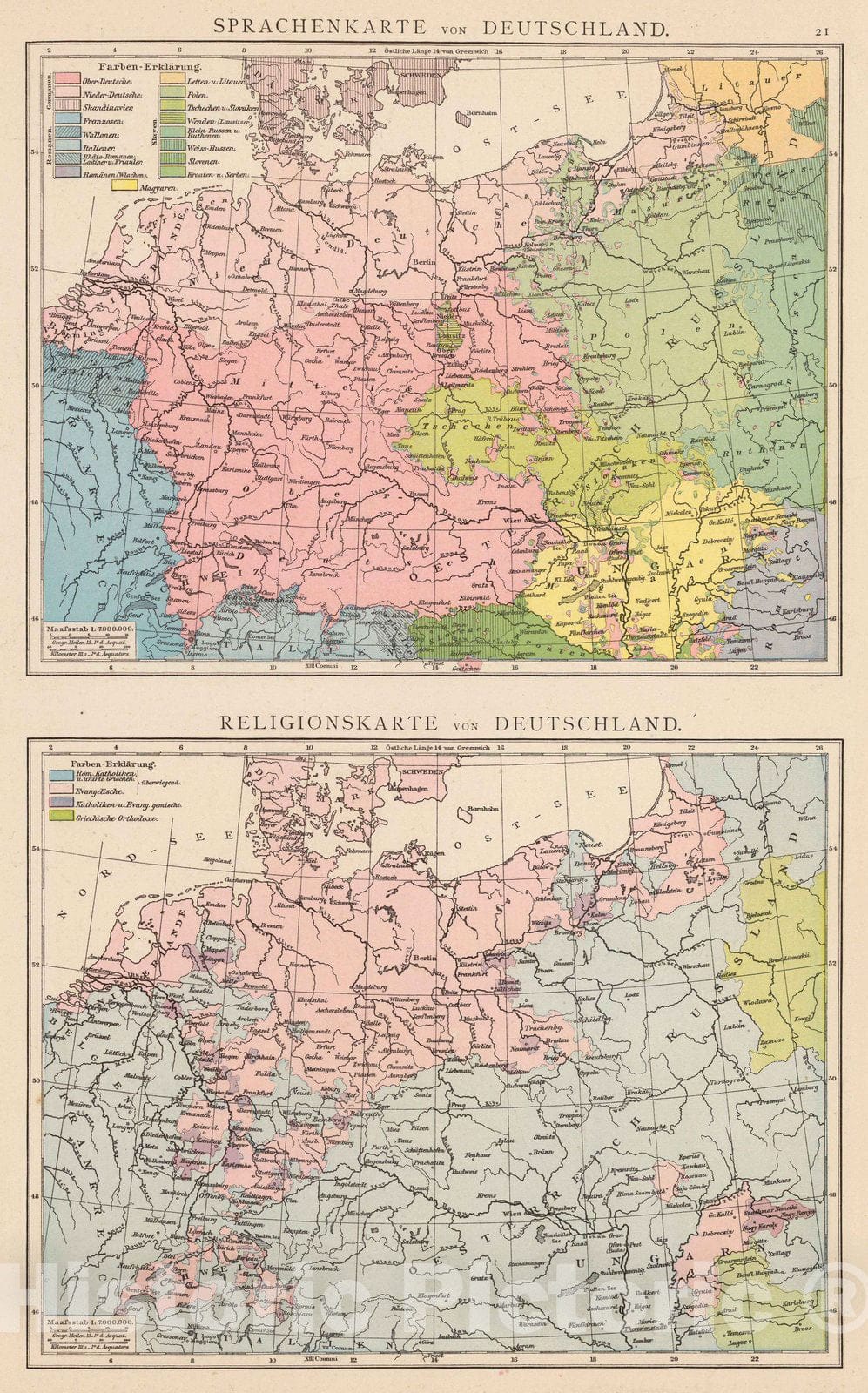 Historic Map : Germany; Poland, Europe, Central 1881 Sprachenkarte, Religionskarte v. Deutschland. , Vintage Wall Art