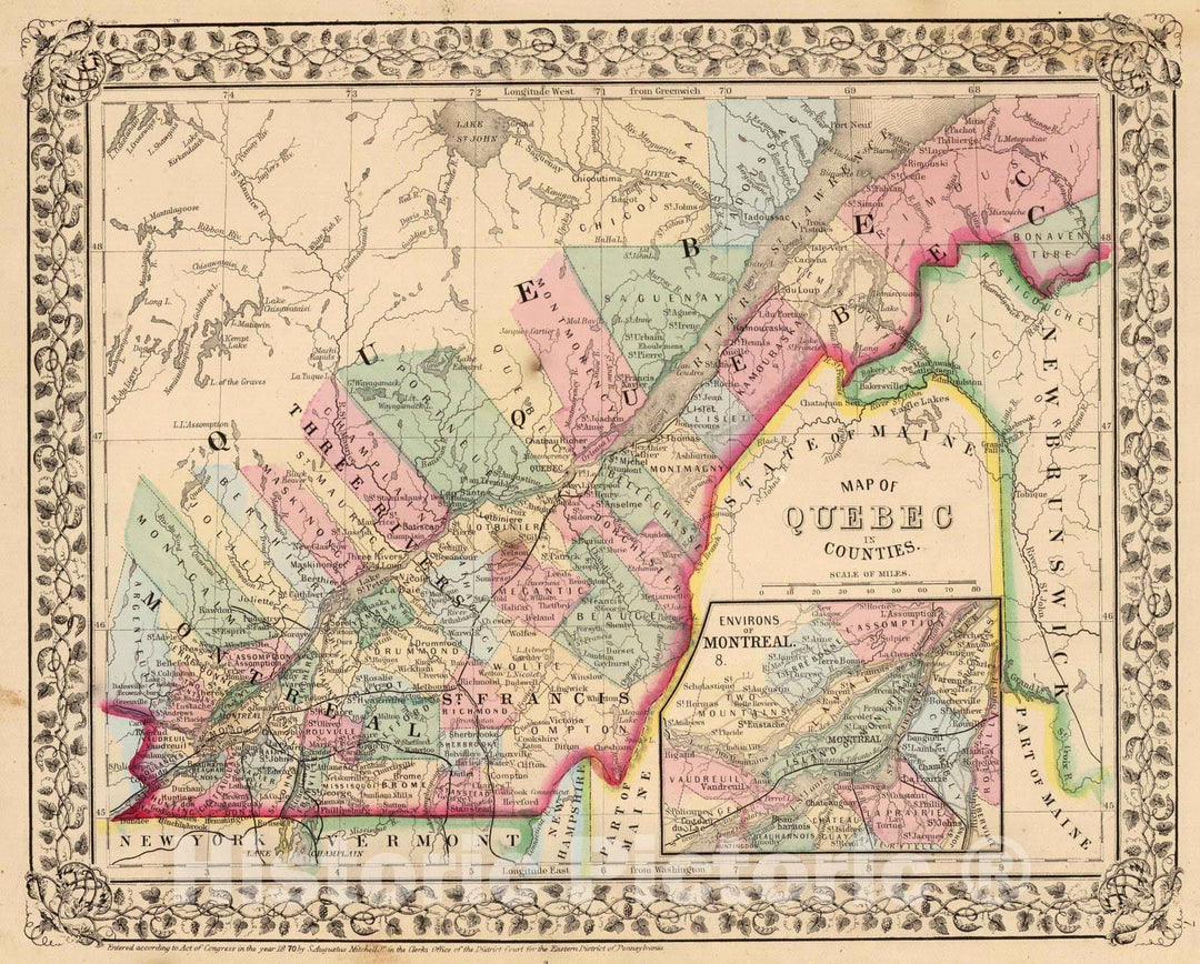 Historic Map : 1870 Quebec. - Vintage Wall Art