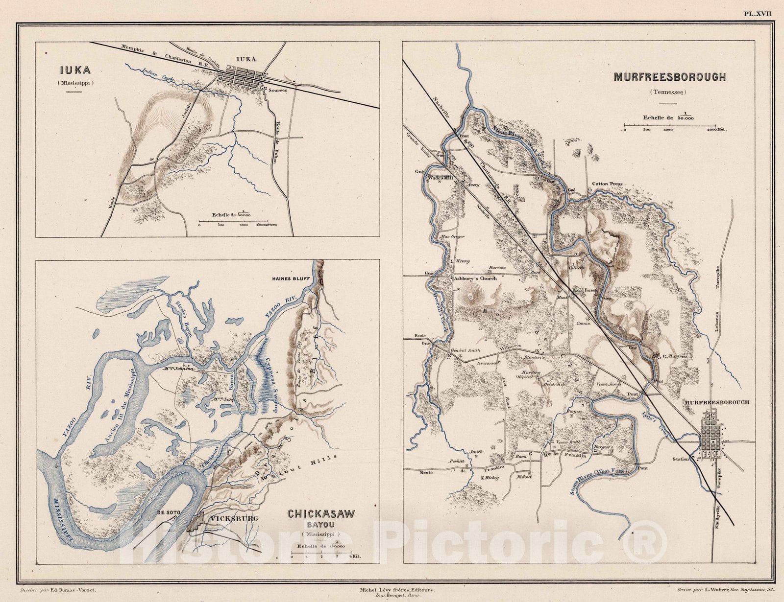 Historic Map : Military Atlas - 1875 Planche XVII. Iuka (Mississippi). Chickasaw Bayou (Mississippi). Murfreesborough (Tennessee). - Vintage Wall Art