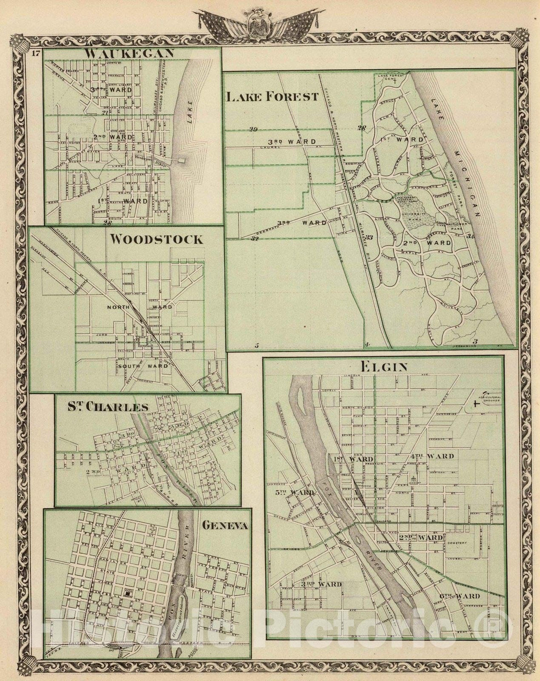 Historic Map : 1876 Lake Forest, Elgin, Waukegan, Woodstock, St. Charles and Geneva. - Vintage Wall Art