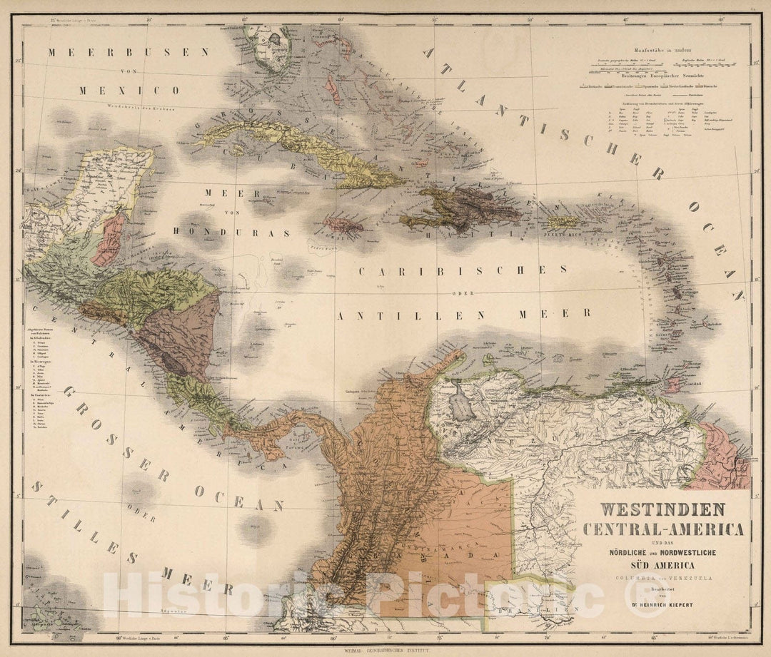 Historic Map : 1886 West Indies. Central America. Colombia. Venezuela. - Vintage Wall Art