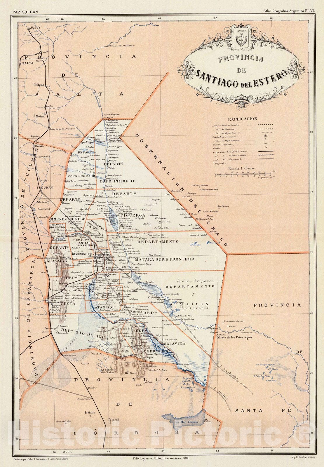 Historic Map : Argentina, Santiago del Estero (Argentina : Province) 1888 Provincia de Santiago del Estero. , Vintage Wall Art