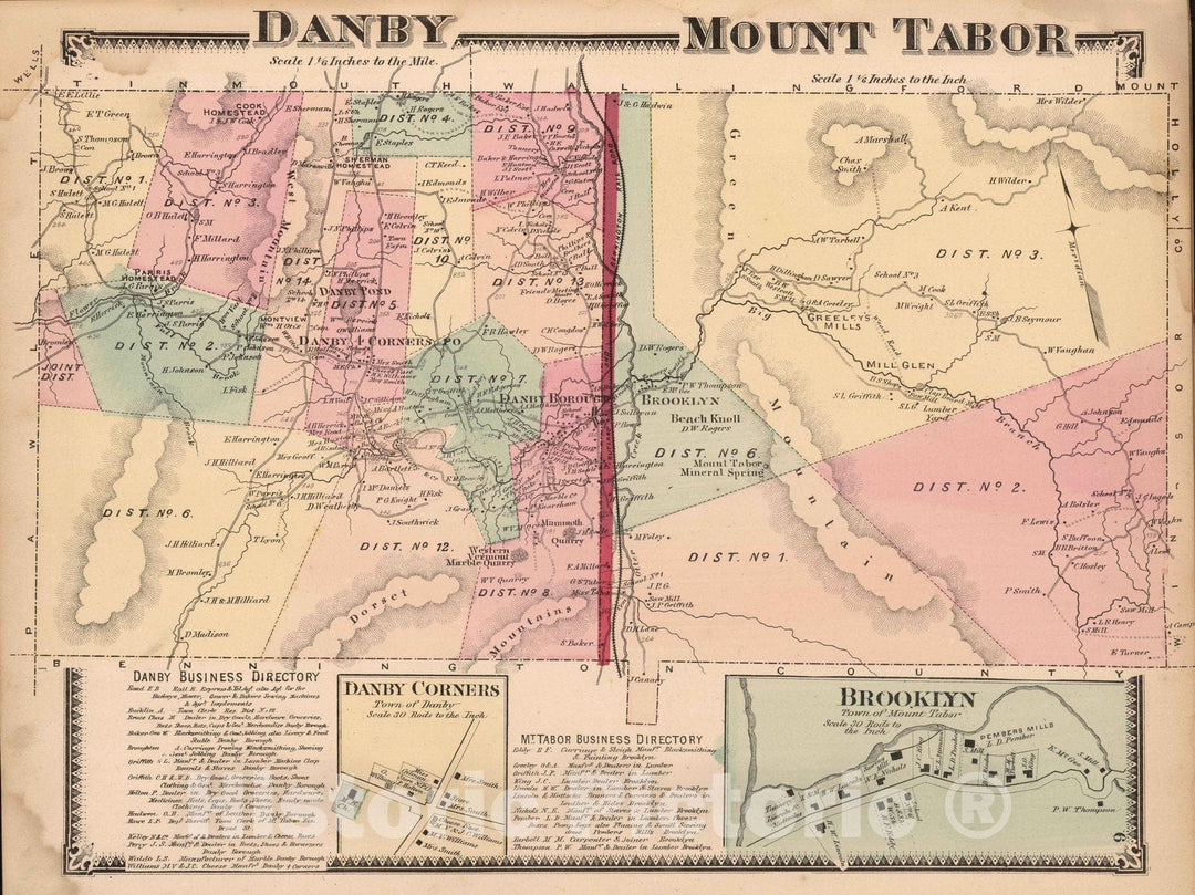 Historic Map : 1869 Danby and Mount Tabor, Rutland County, Vermont. Danby Corners. Brooklyn. - Vintage Wall Art