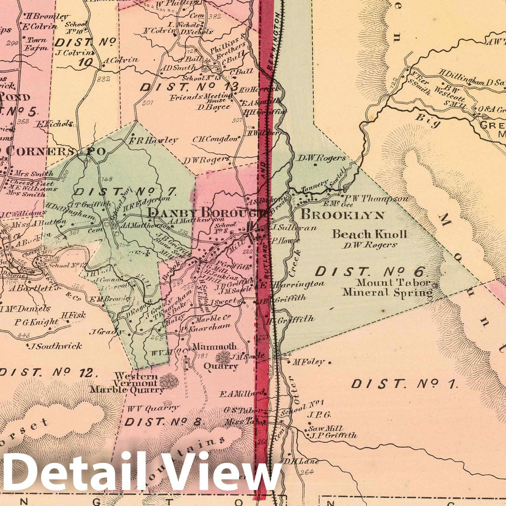 Historic Map : 1869 Danby and Mount Tabor, Rutland County, Vermont. Danby Corners. Brooklyn. - Vintage Wall Art