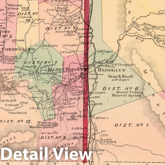 Historic Map : 1869 Danby and Mount Tabor, Rutland County, Vermont. Danby Corners. Brooklyn. - Vintage Wall Art