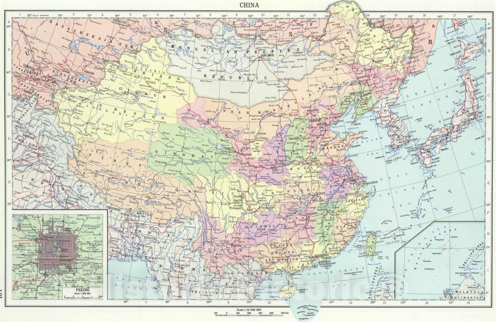 Historic Map : 1967 107. China, Political. The World Atlas. - Vintage Wall Art