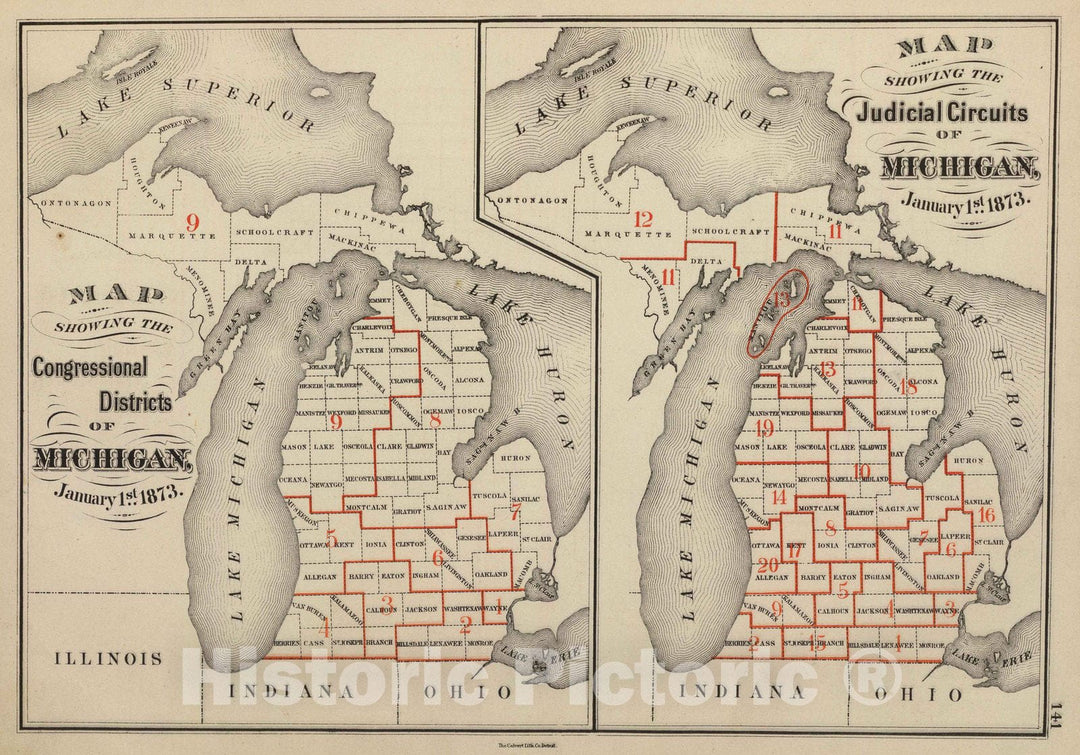 Historic Map : 1873 Maps showing the congressional districts and judicial circuits of Michigan. - Vintage Wall Art