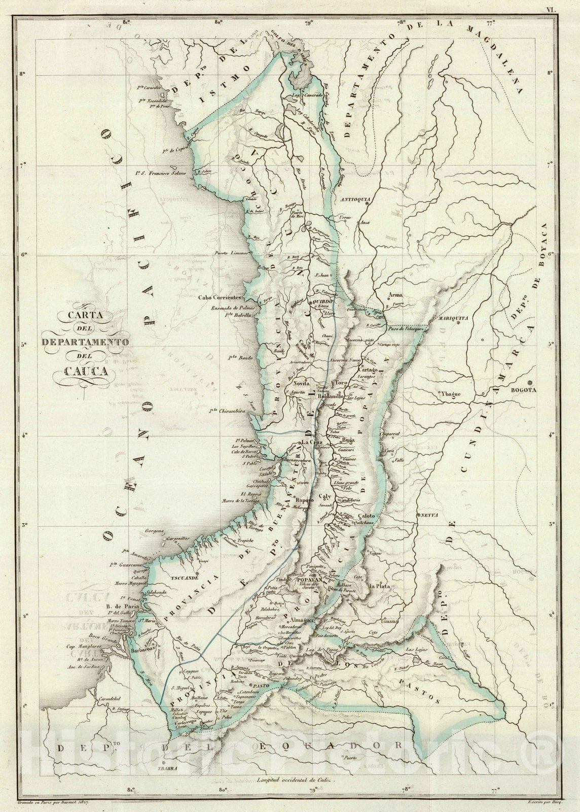 Historic Map : Colombia, 1827 Cauca. , Vintage Wall Art