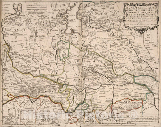 Historic Map : 1703 Armed Encampments of the Very Christian King and the Catholic King in the Duchy of Mantua, Italy. - Vintage Wall Art