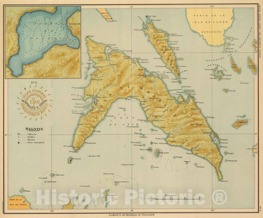 Historic Map : Philippines, 1899 No. 17. Masbate y Ticao. , Vintage Wall Art