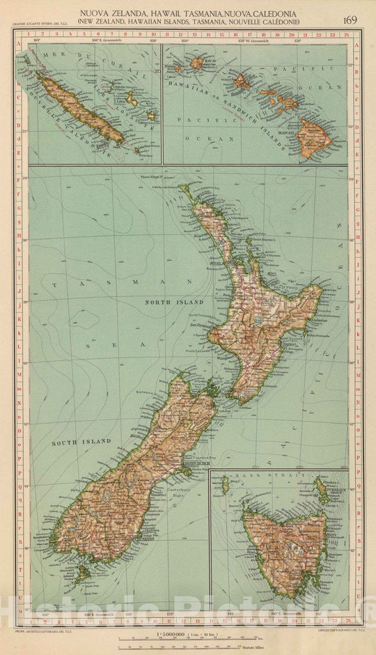 Historic Map : Australia; New Zealand, Hawaii, Caledonia 1929 169. Nuova Zelanda, Hawaii, Tasmania, Nuova Caledonia. , Vintage Wall Art